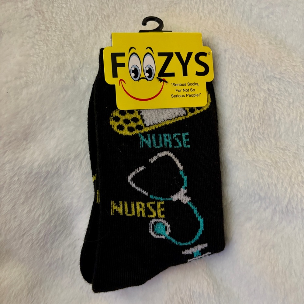 NEW Foozys Women's Nurse Healthcare Themed Novelty Crew Socks Black Blue Yellow